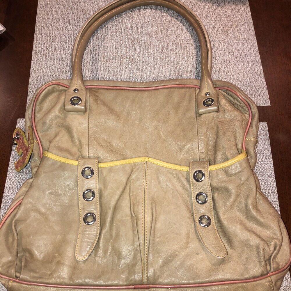 Sofia C Beige Shoulder Satchel Bag Pebbled Leather Made in Italy Large EUC
